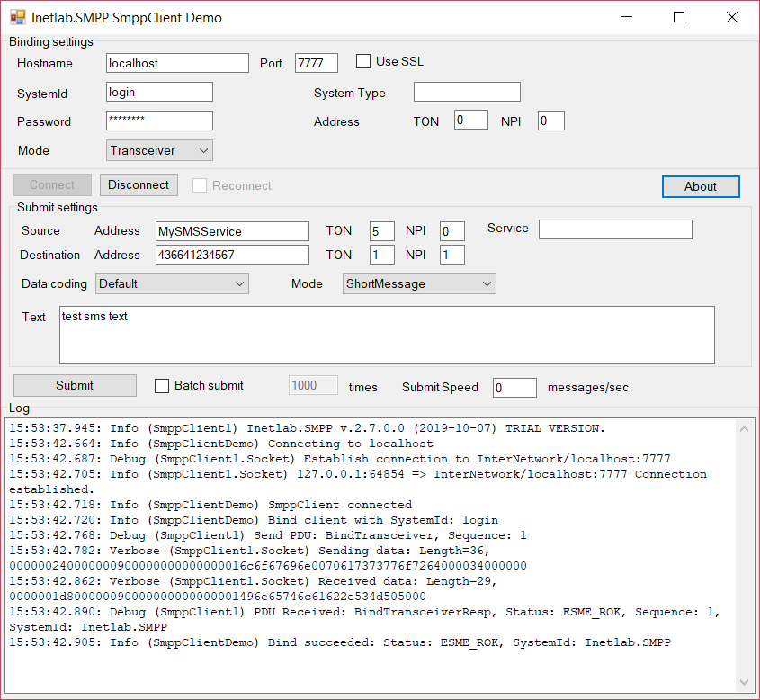 SMPP Client Log Verbose